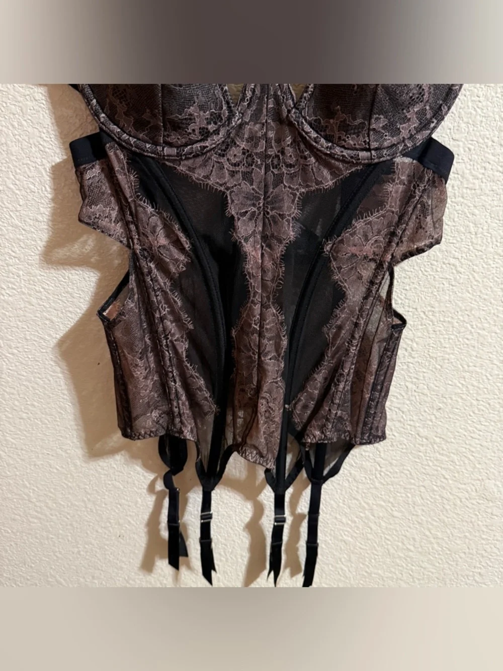 Victoria's‎ Secret Black and Pink Lace Bustier with Garter Straps Sz 36D